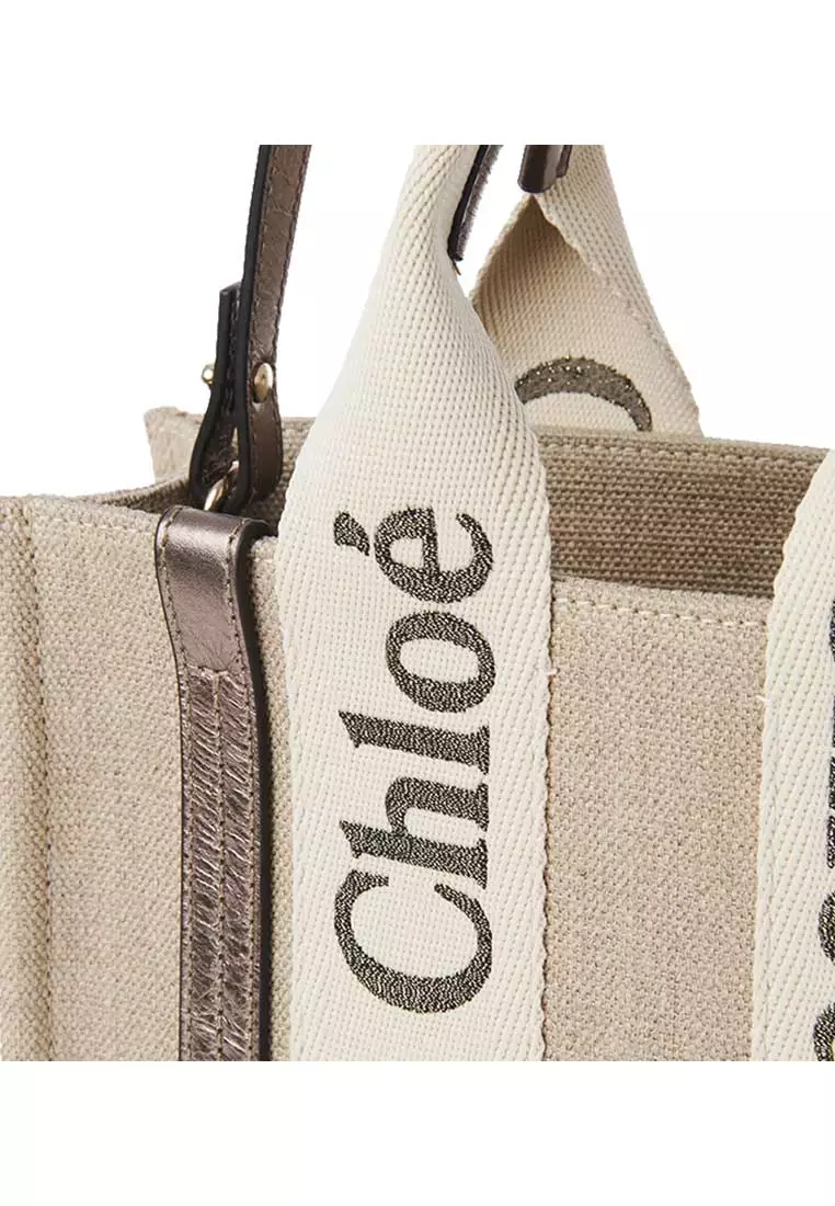 Small Woody Tote Bag In Linen And Leather Shiny Gray CHC25SS397O81074