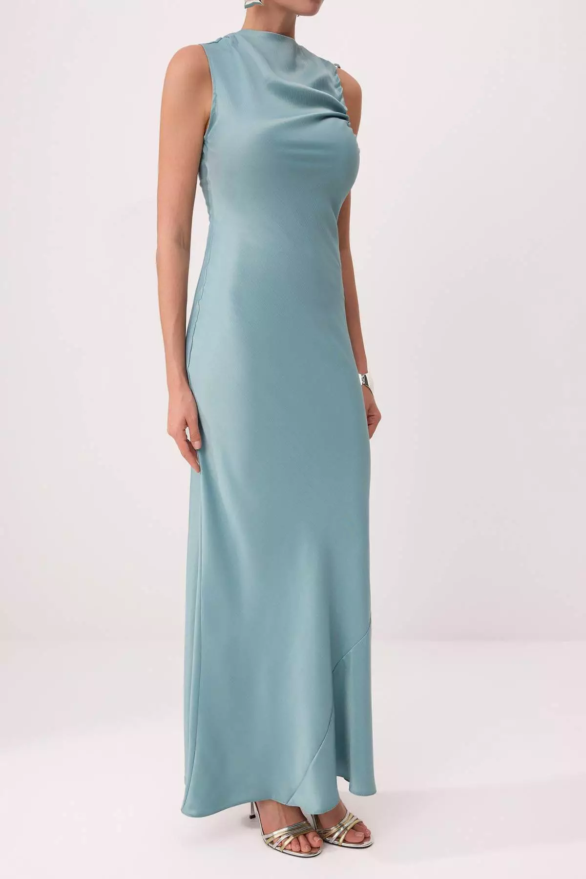 Aqua Green Gathered / Drape Detailed Satin Maxi Evening Dress & Graduation Gown Tprss26Ae16