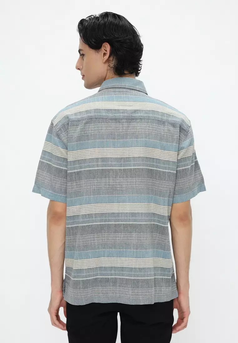 POLICE Kemeja Salur Printing Biru Regular Fit Pria