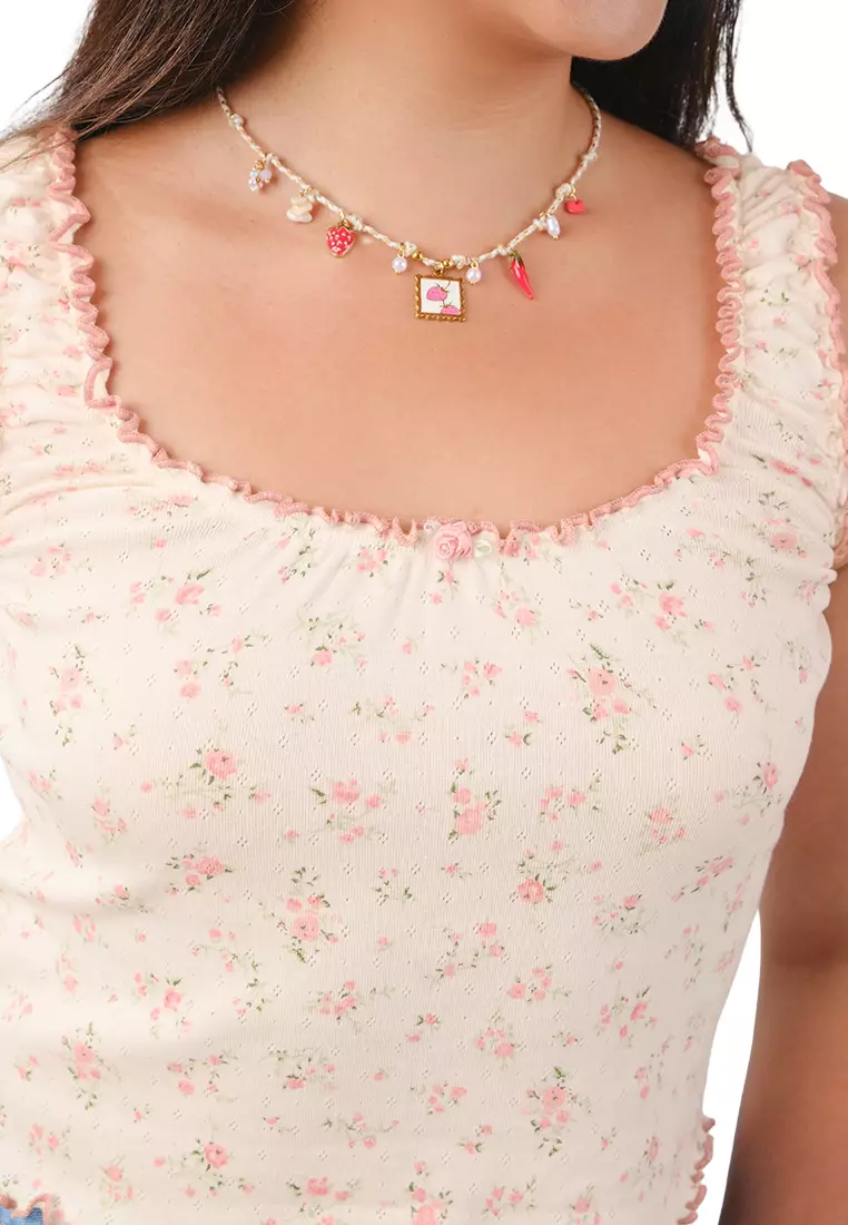 Tank Top with Contrast Lettuce Edge and Satin Rosette