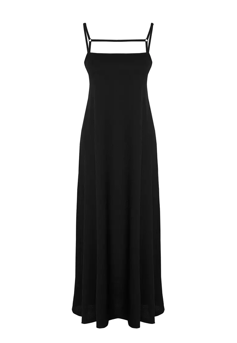 Black Adjustable Straps A-Line Crepe/Textured Knit Maxi Dress