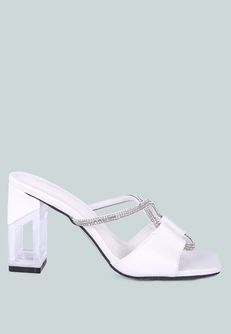 White Crystal Loop Strap Mid Heel Sandals