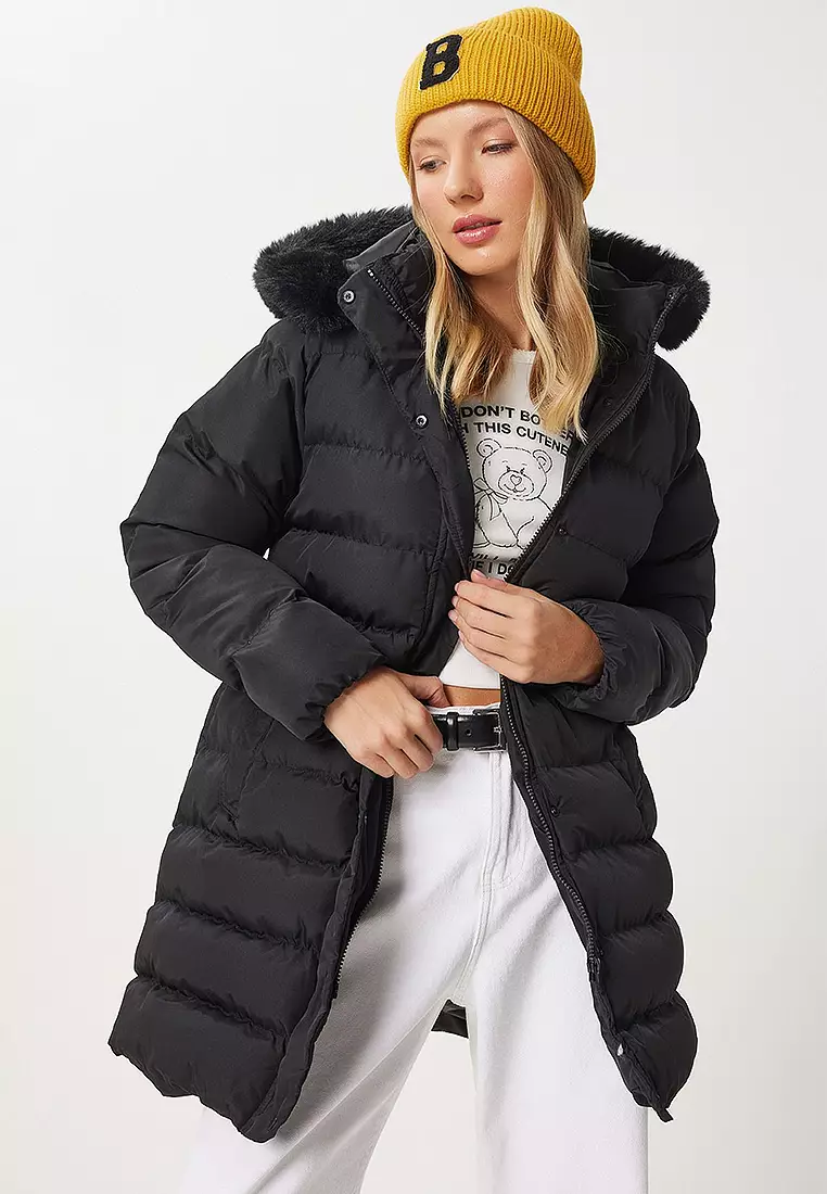 Belted Puffer Jacket Black Coat Women Fur Hood Michael Kors Black - Main Image