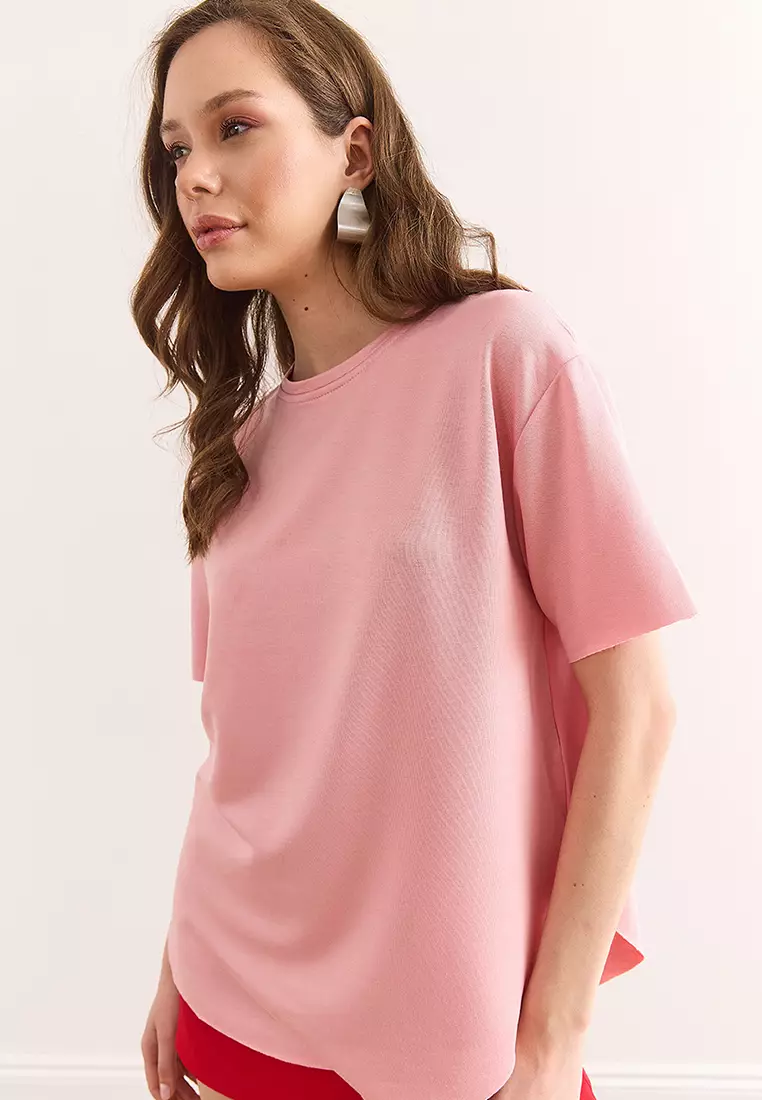 女裝粉末莫代爾紋理柔軟紋理六個橢圓形T恤 Tsh-19000771