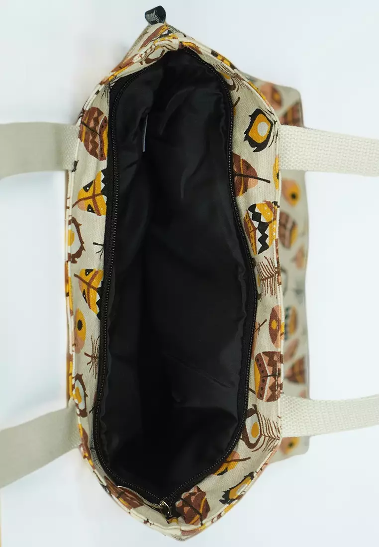 Tote Bag Bahan Kanvas Penutup Resleting Motif Bulu