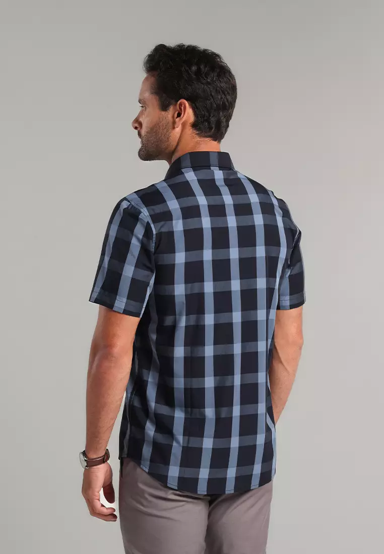 MOC - Kemeja Kotak-kotak Pria Lengan Pendek Erlands - Dark Blue