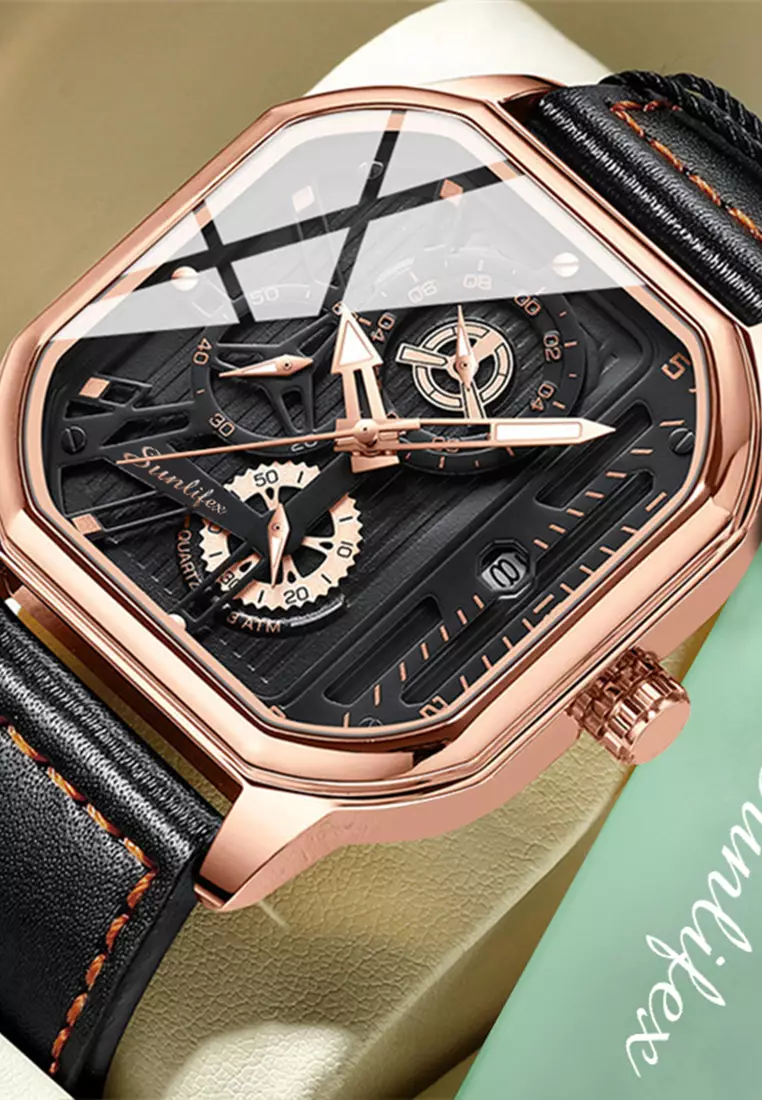 Jam Tangan Pria 9095 Kuarsa Olahraga Kasual Tali Kulit Pria Jam Tangan Cowok rose black