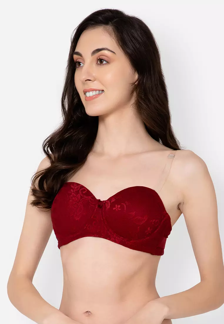 Clovia Invisi Padded Underwired Full Coverage Strapless Balconette Bra in Maroon with Transparent Straps & Band - Lace