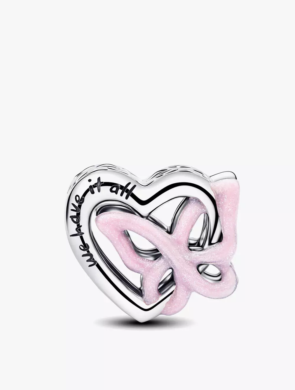 Heart with butterfly sterling silver charm with glittery pink enamel