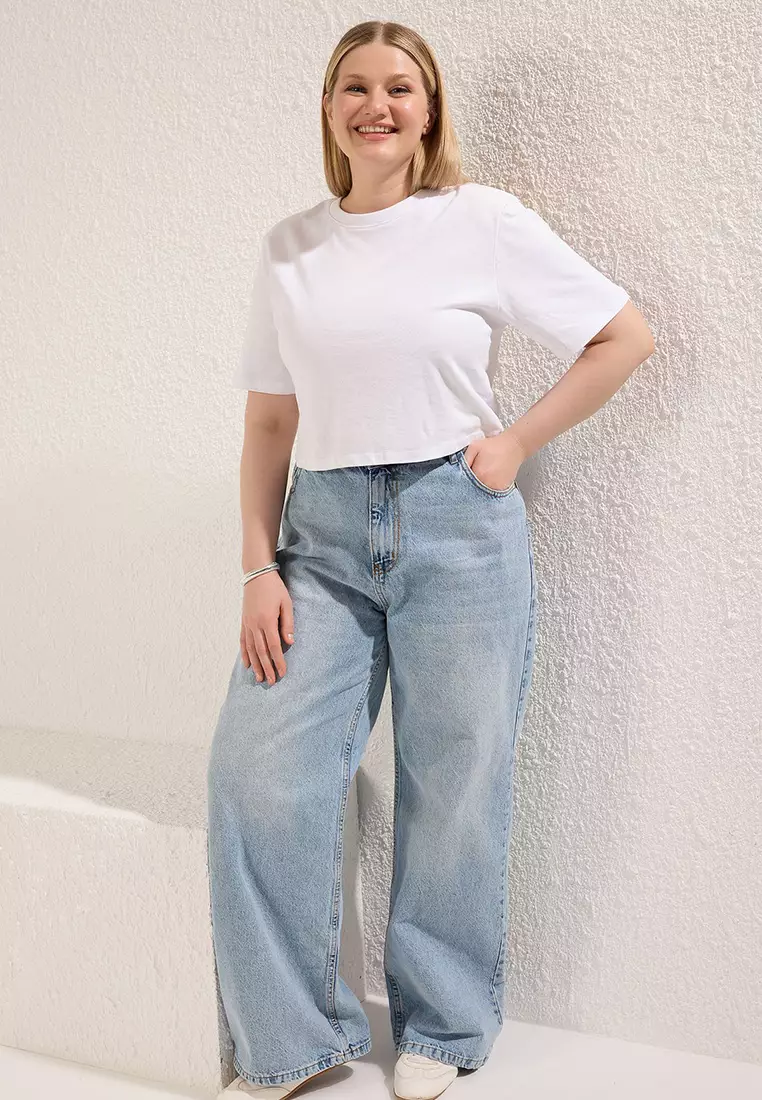 Light Blue High Waist Wide Leg Plus Size Wide Leg Jeans Tbbaw23Cj00020