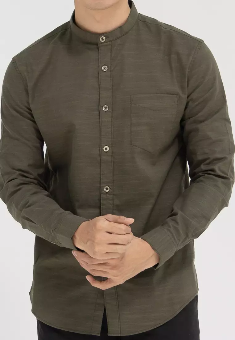 Kemeja collarless koko Slub sage OXCON dark sage