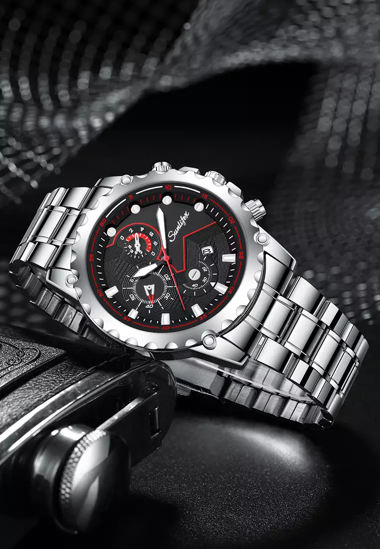 Jam Tangan Pria Original 9032 Anti Air Olahraga Kalender Tali Stainless Steel Jam Tangan Cowok silverblack