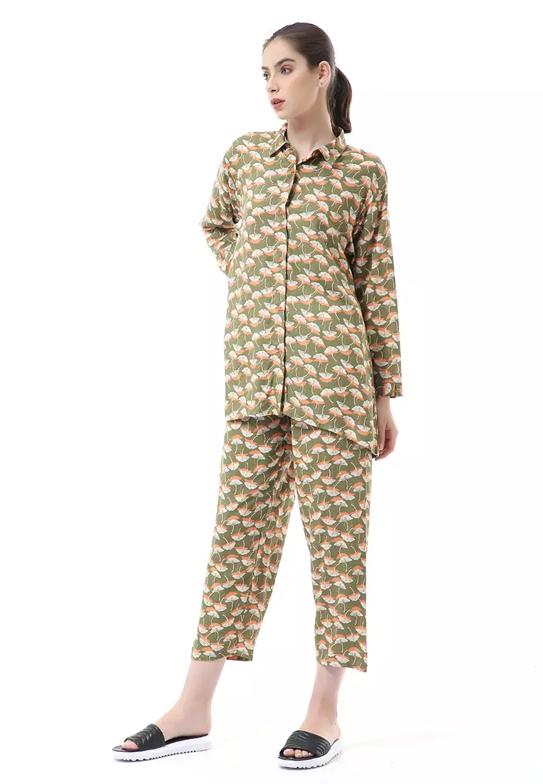 Nayra One Set Setelan Kemeja Wanita Lengan Panjang Motif Kipas Full Kancing Material Rayon ORIGINAL - Olive