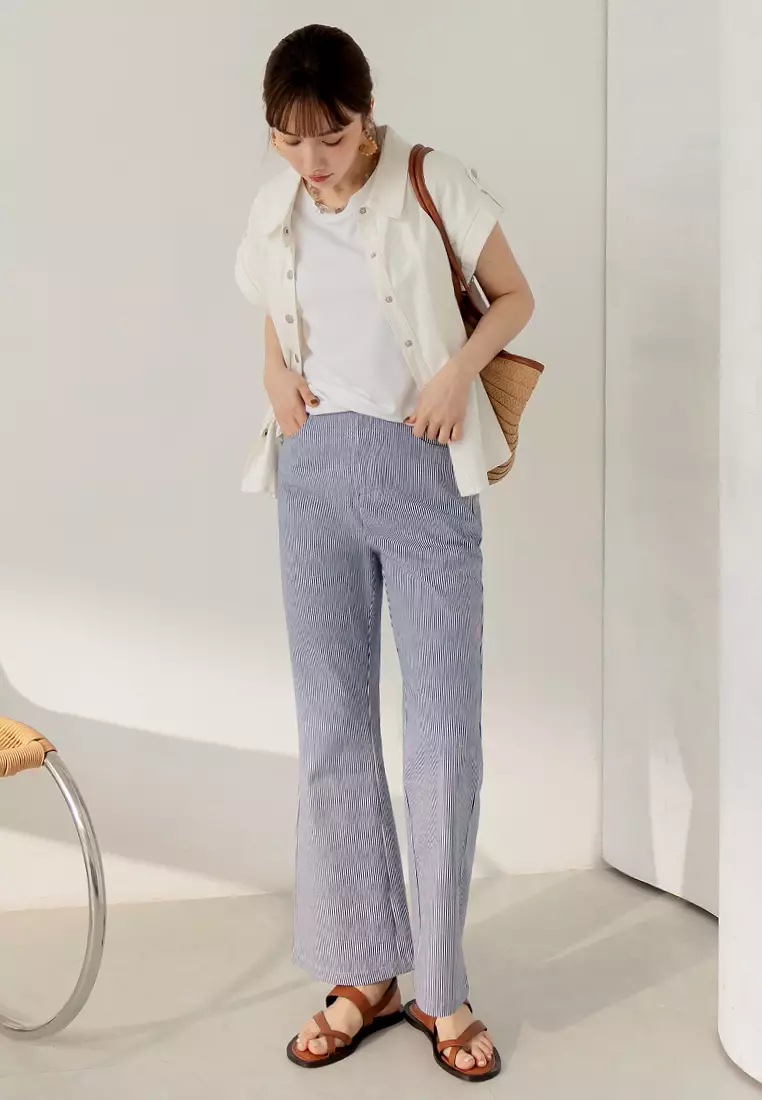 Subtle Striped Shell Button Trousers [BA7796]