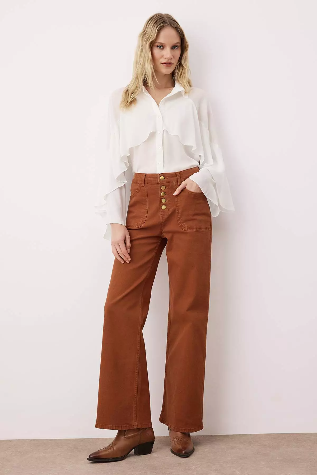 Brown Button Detailed High Waist Wide Leg Comfort Stretch Jeans
