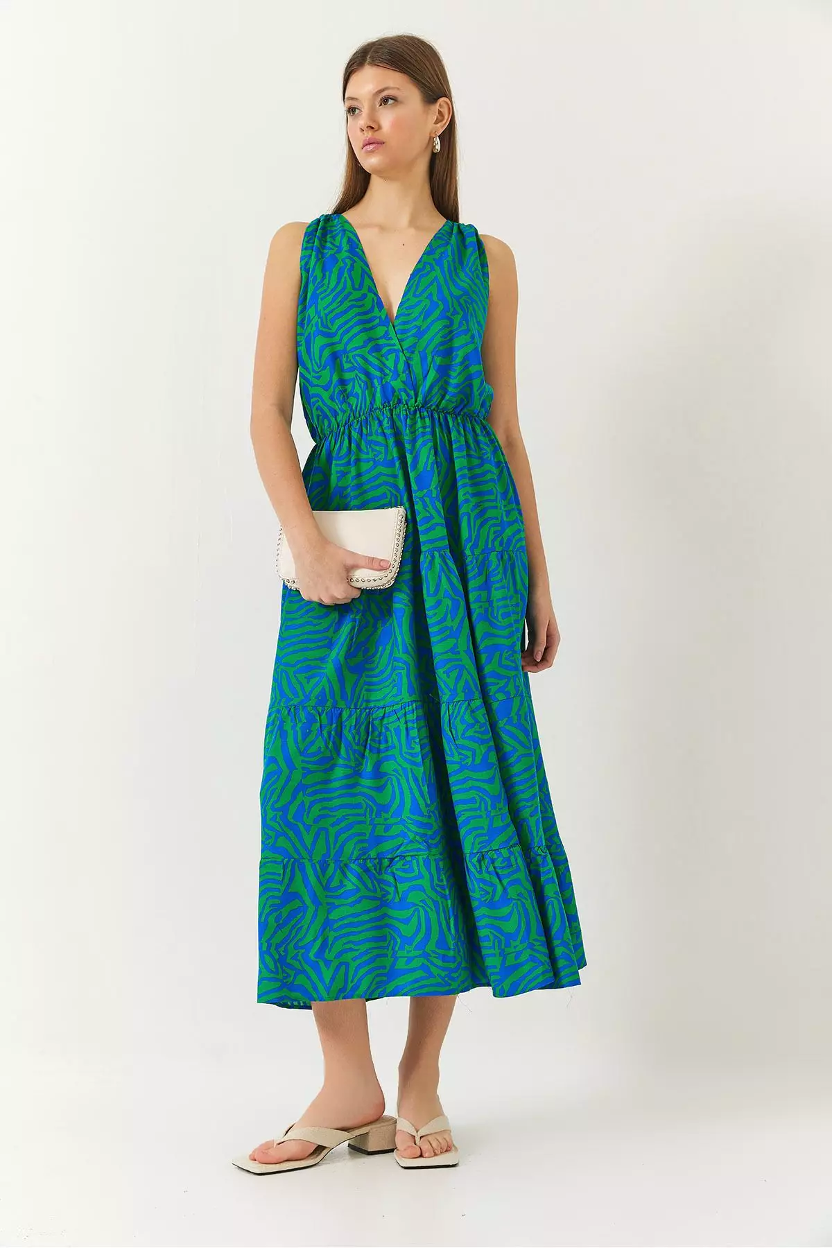 Women's Double Breasted Neckline Elastic Waist Back Rope Tie Print Dress 60261428