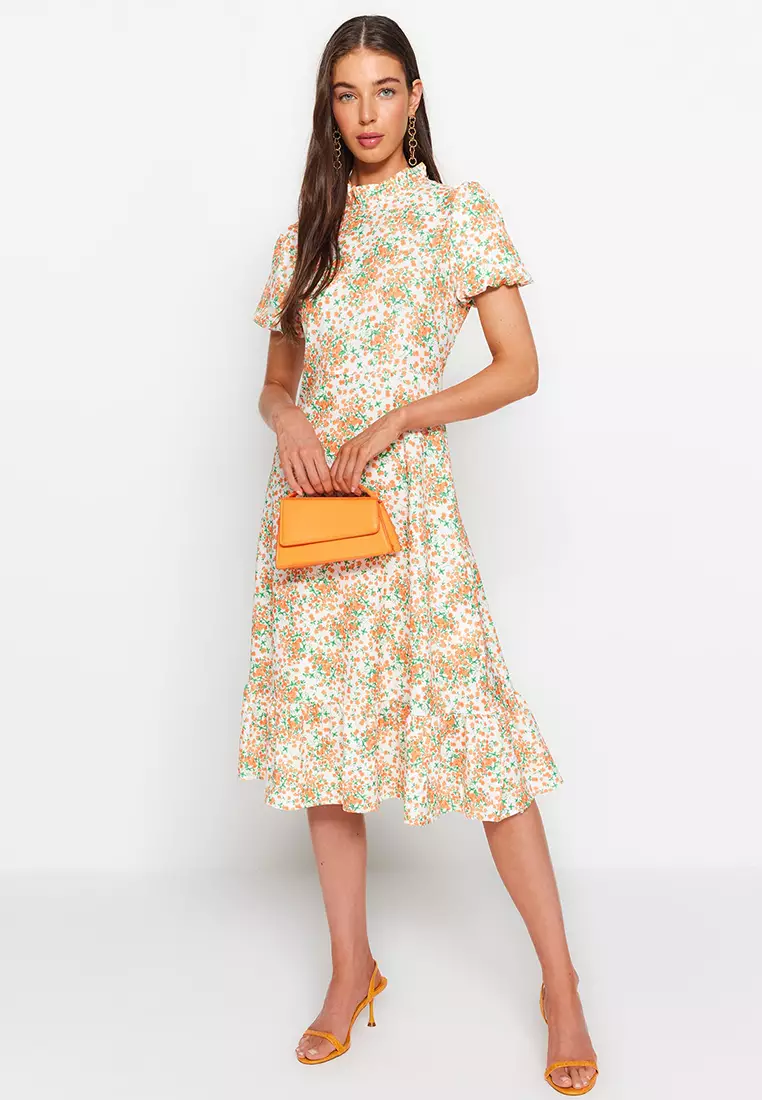Patterned Puff Sleeves Midi Dress