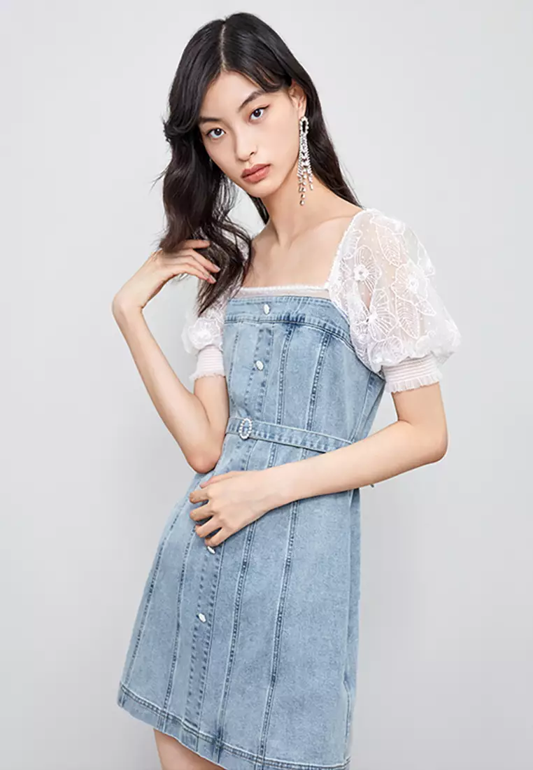 Denim dress clearance with puff sleeves