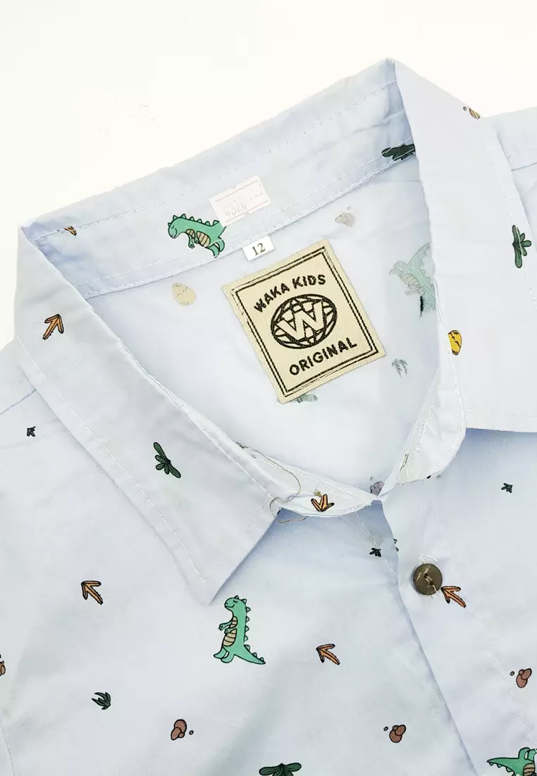 Wakakids Kemeja Anak Laki Laki Usia 6 Tahun Hingga 9 Tahun Atasan Baju Kerah Collar Shirt Pattern Dinosaurus 4328 Vensk