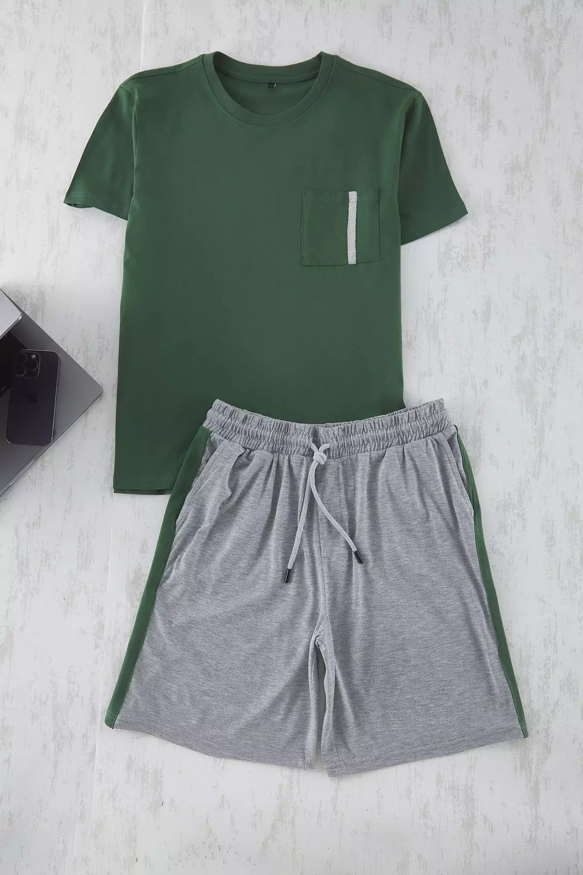 Green Regular Fit Paneled Knitted Shorts Pajama Set TMNSS25PT00035