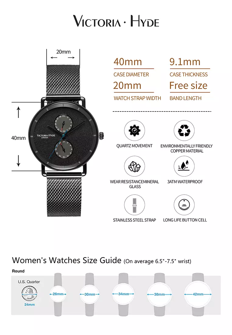 Men's Watch 40mm Grange Hill Date Black Stainless steel mesh band  And Case- Black