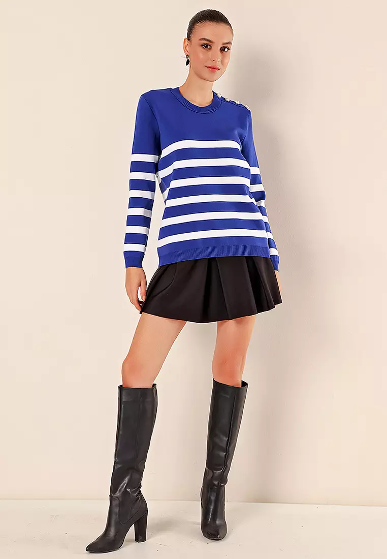 Button Detail Striped Sweater Sax