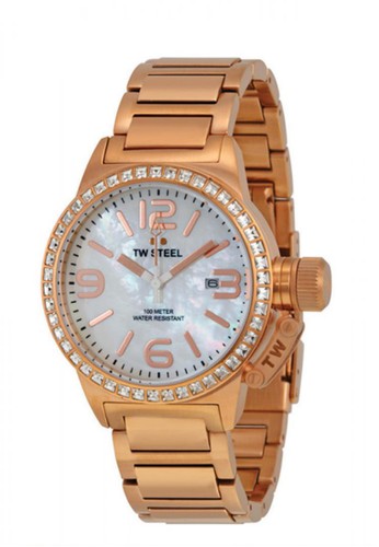 Canteen case PVD Rose Gold plated 3 hands date - White MOP dial 46x crystals steel bracelet Rose Gold PVD plating