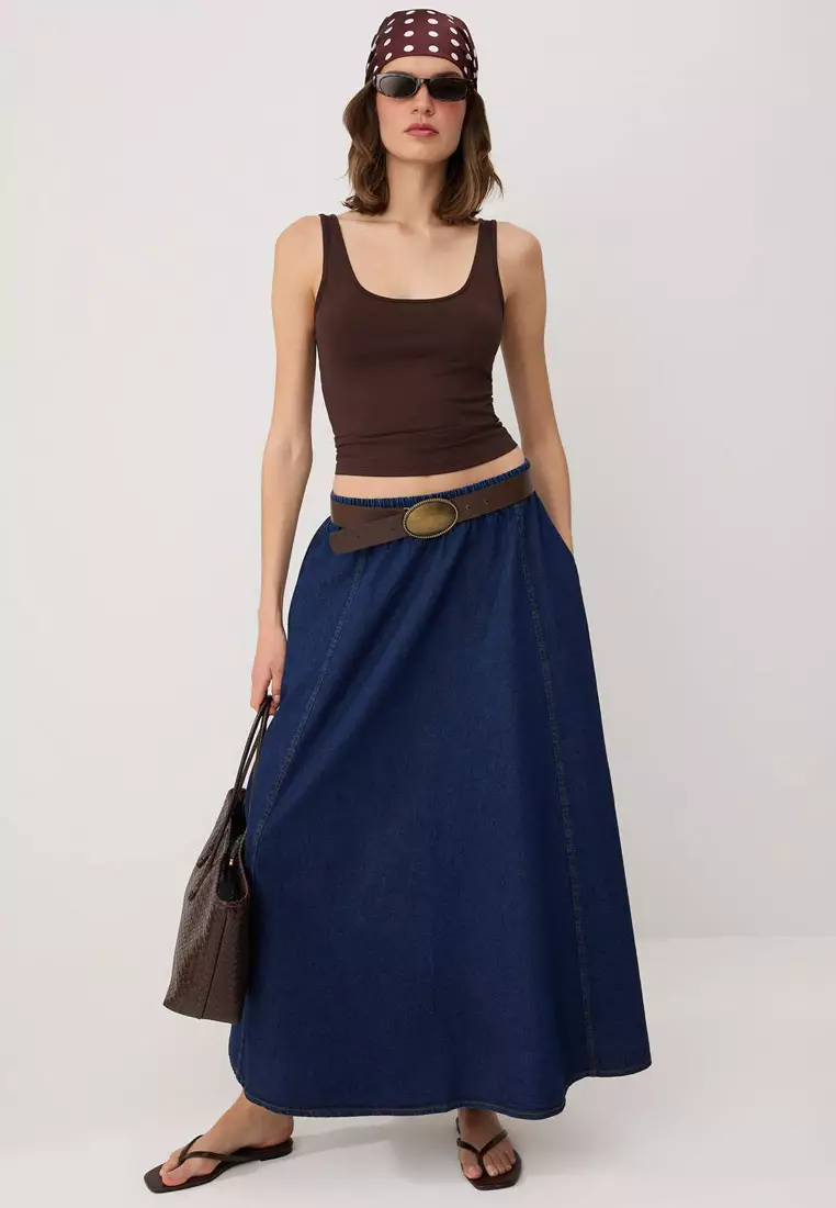 Navy Blue Flared Maxi Denim Skirt Twoss26Et22