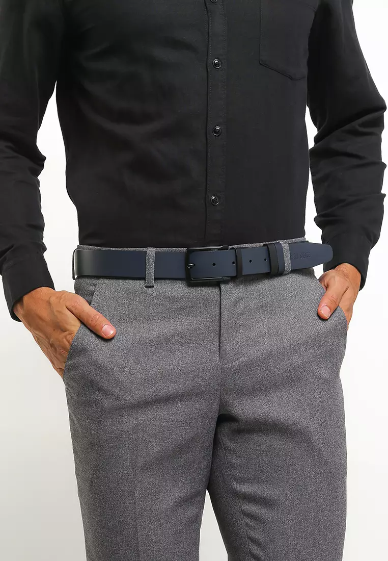 Black Formal Square Pin Buckle Reversible Top Grain Leather Belt