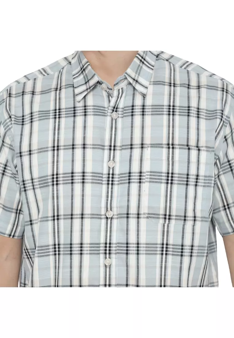 POLICE Kemeja Kotak Cotton Slub Abu Regular Fit Pria