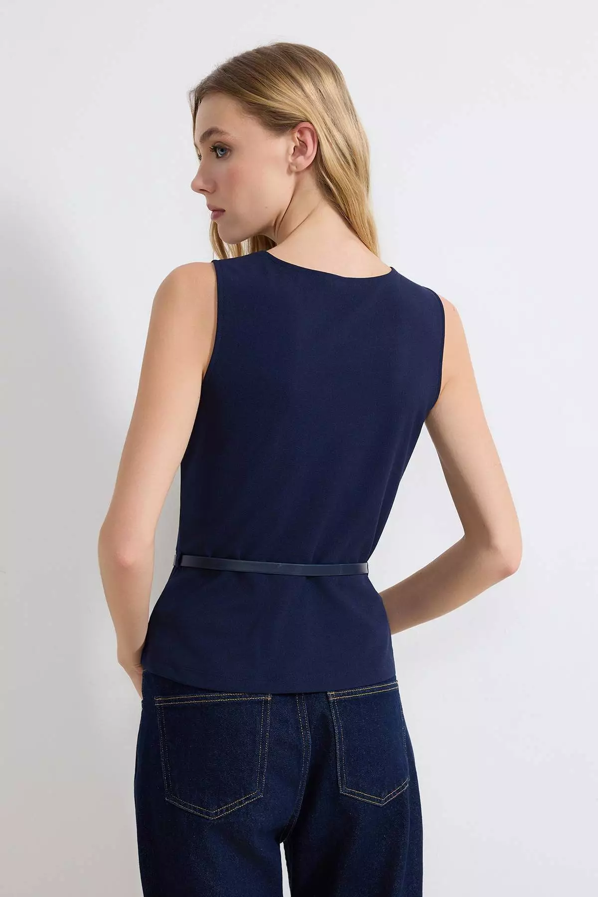 Navy Blue Belted Fitted/Bodycon Knitted Blouse Twoss25Bz22