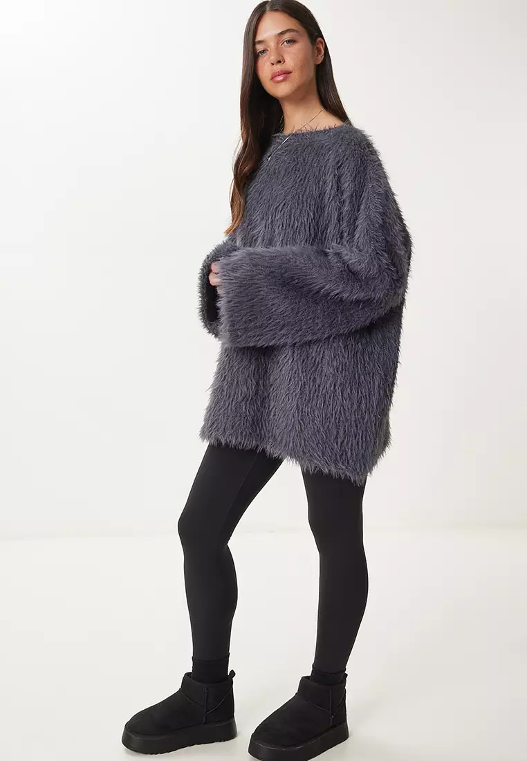 Women's Gray Soft Textured Bearded Knitwear Sweater Ki̇00133