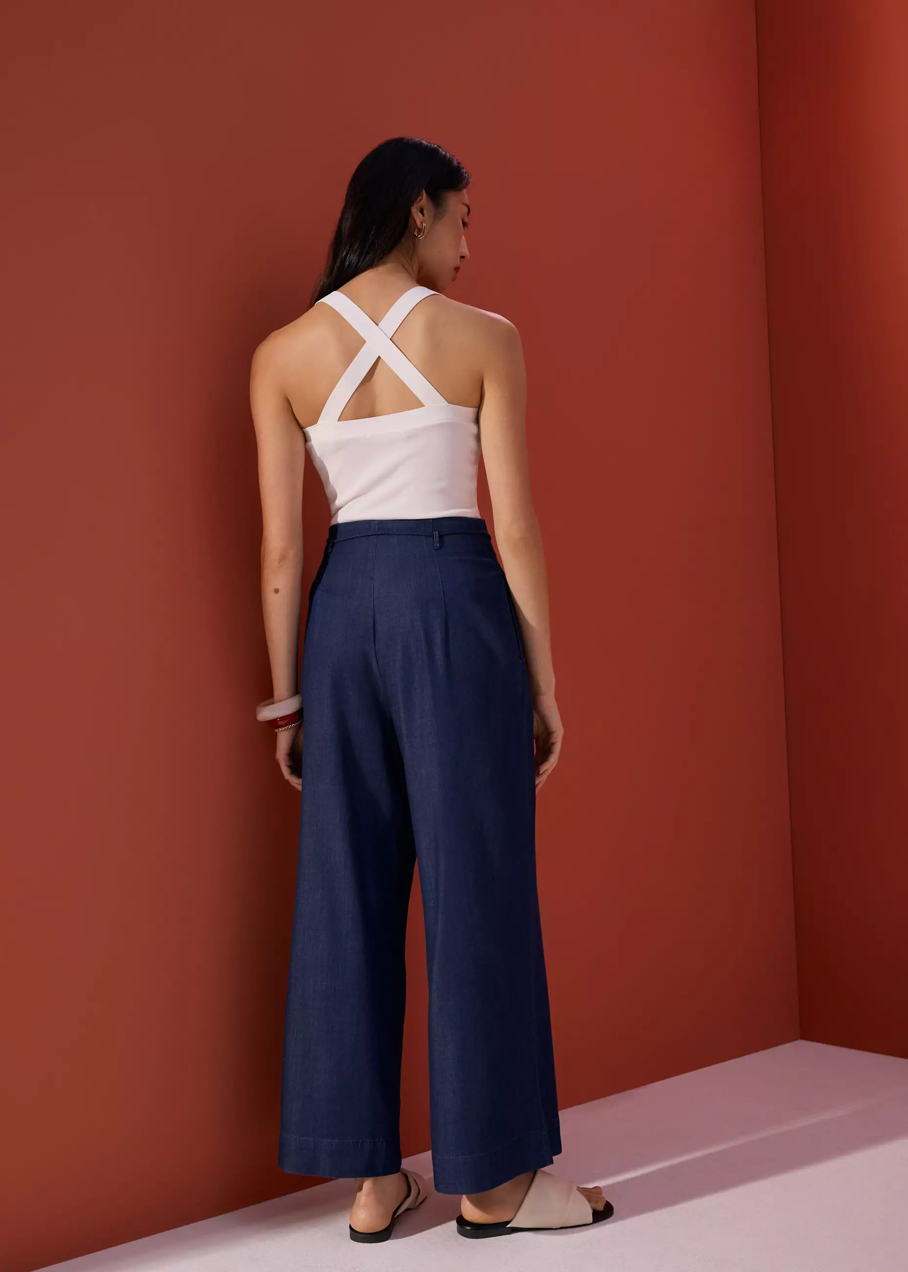 Celana Panjang Wanita - Detachable Sash Chambray Straight Leg Ankle Length Pants
