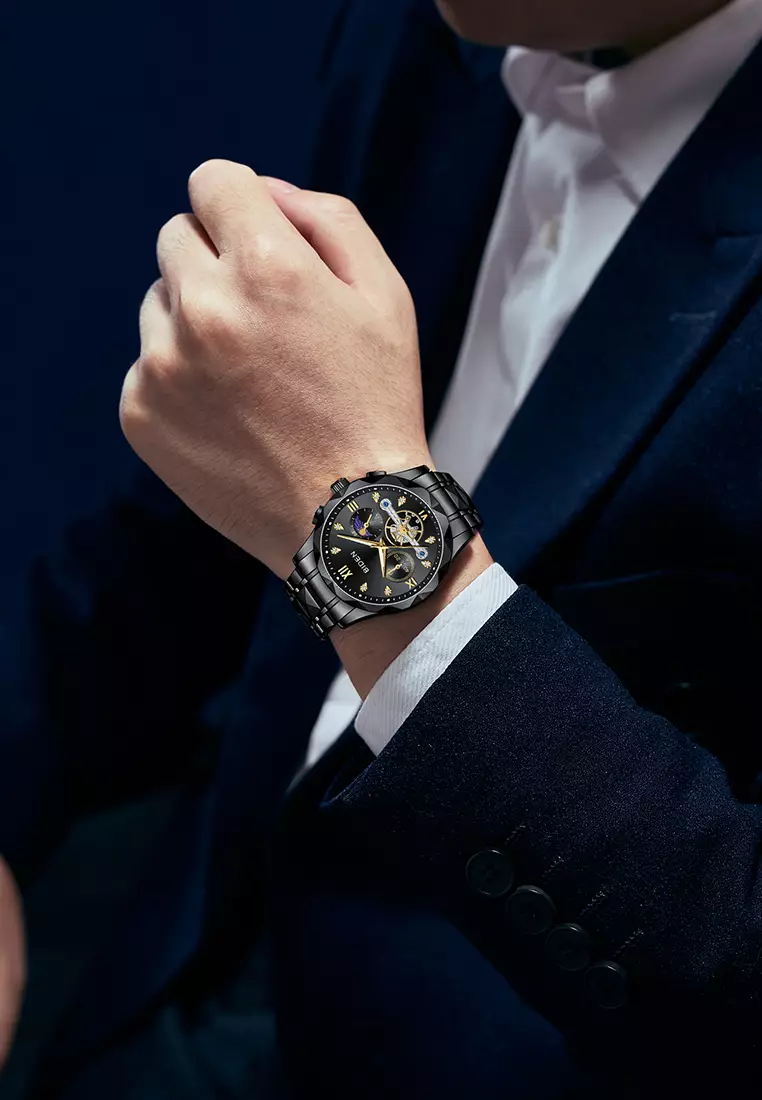 Jam Tangan Pria Multifungsi Mewah Tali Stainless Steel Anti Air Jam Tangan Cowok allblack