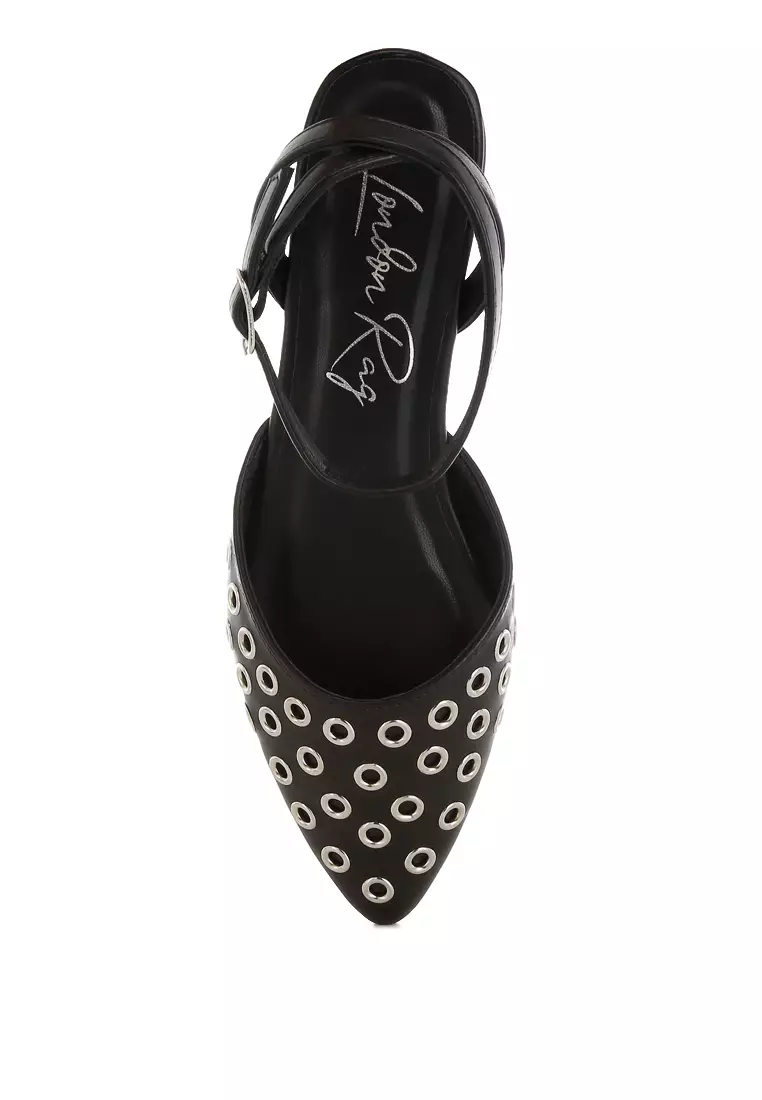 Metallic Eyelet Detail Flat Sandals In Black