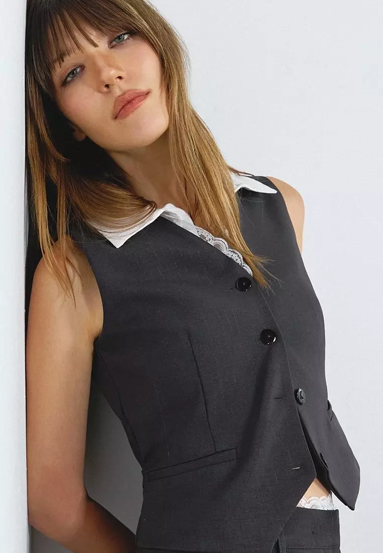 Lace Trim Vest - Dark Grey