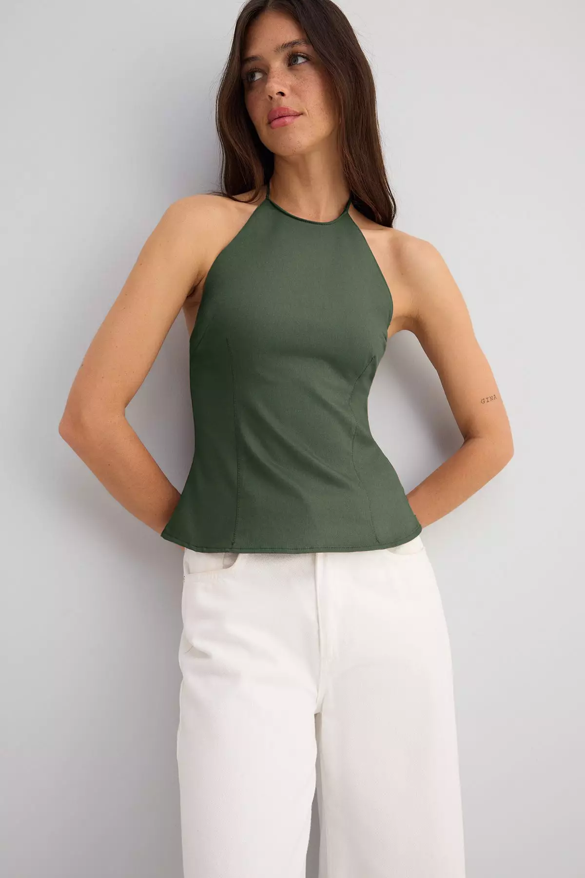 Khaki Cotton Thin Gabardine Halter Neck Woven Blouse