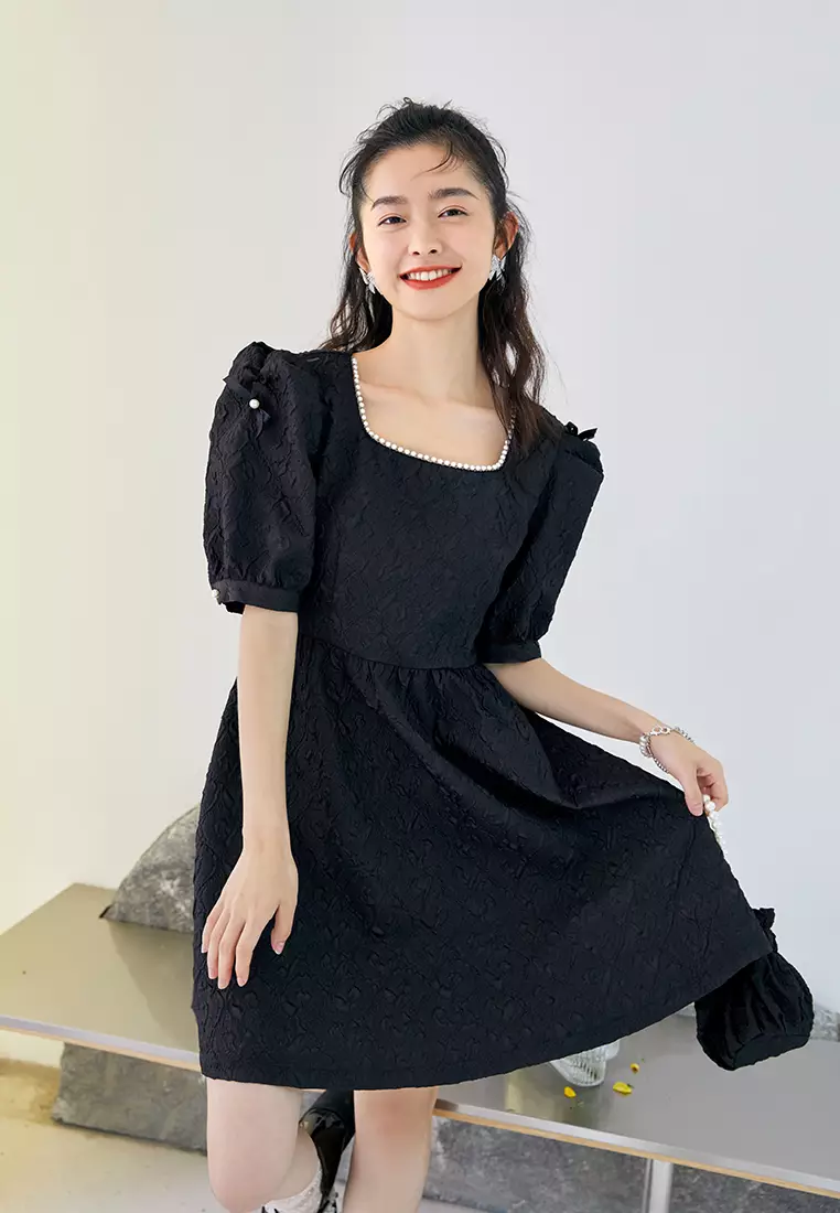 Square Neck Embossed Babydoll Dress