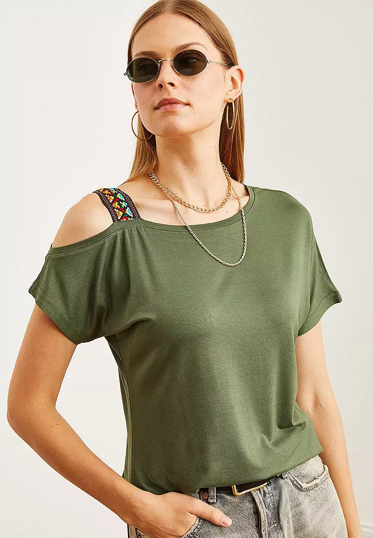 One Shoulder Ethnic Garnished Blouse