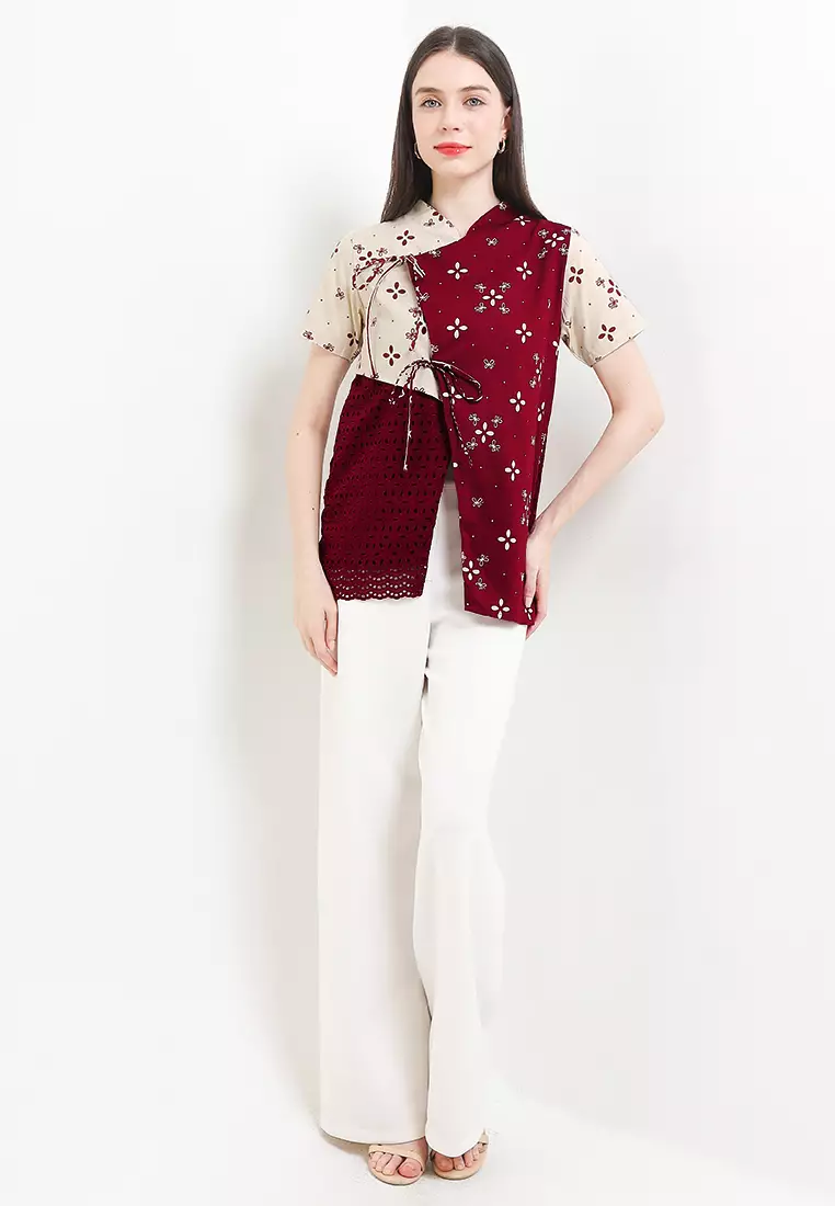 Blouse Batik Wanita Furing Kombinasi Lace Brukat Areeya Merah Maroon Lengan Pendek Natal Imlek Cheongsam