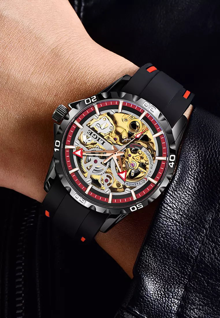 LIGE自動中性煙道的IP黑色不銹鋼自動舞表，透明錶盤，橡膠錶帶