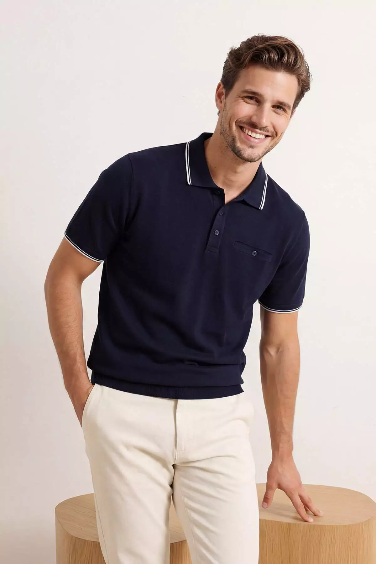 Navy Blue Regular Polo Collar Plain Polo Collar T-Shirt Tmnss26Po00021