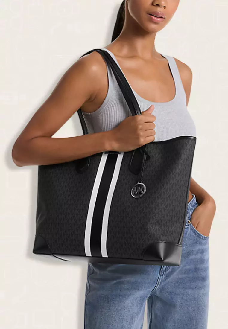 Michael Kors Eva Large Signature Logo Stripe Tote Bag Black