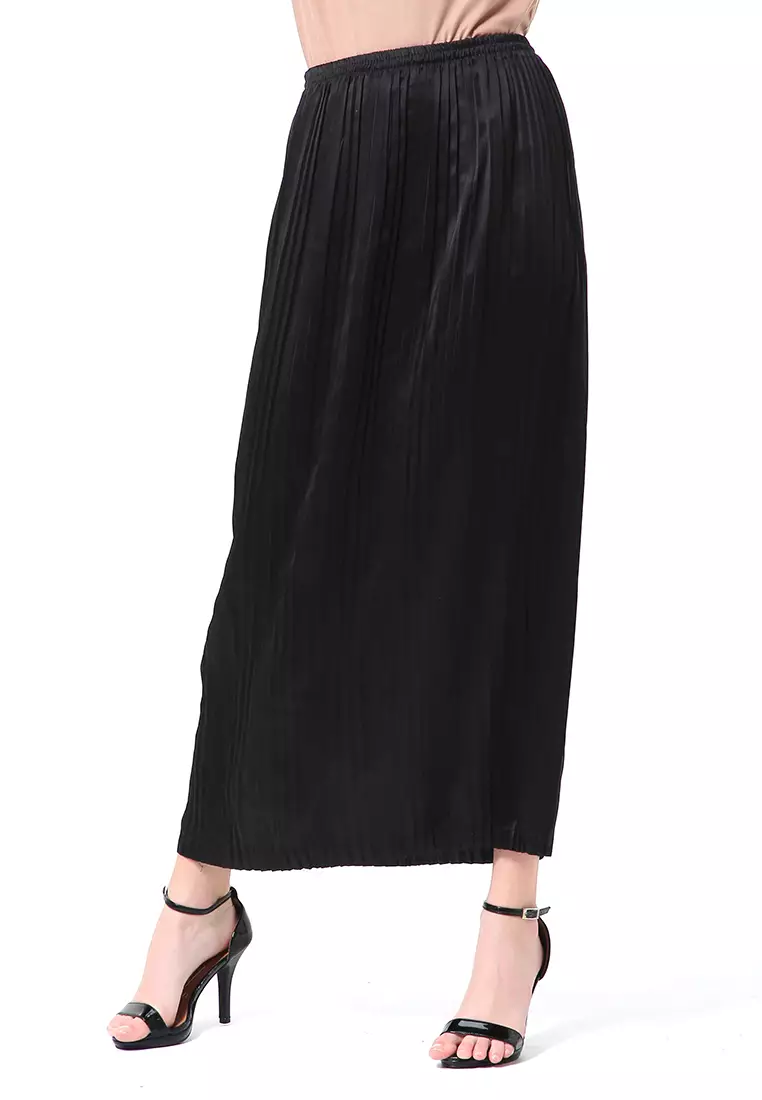 Angely Rok Plisket Rubbery Waist Fashion Wanita Simple - Hitam
