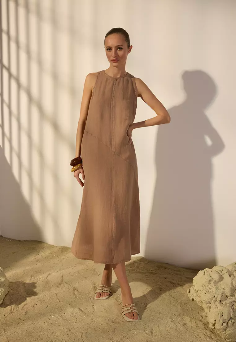 Mink 100% Linen Stitching Detailed Maxi Dress Twoss25El00607
