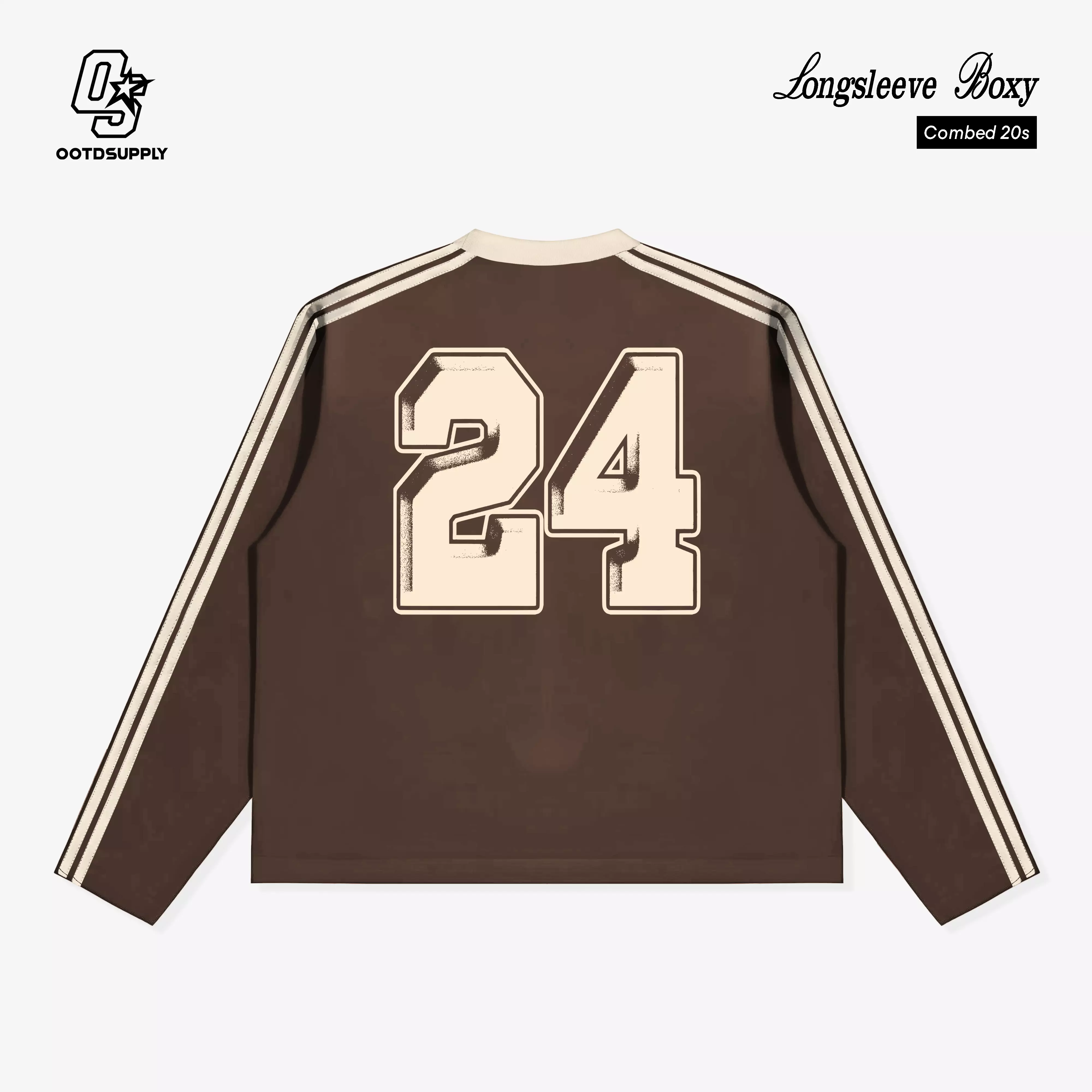 OOTDSUPPLY Longsleeve Boxy Double Stripe Classic 24 White & Dark Brown l Oversize T-Shirt Lengan Panjang l Kaos Kerah I Kaos Stripe | LSBX001