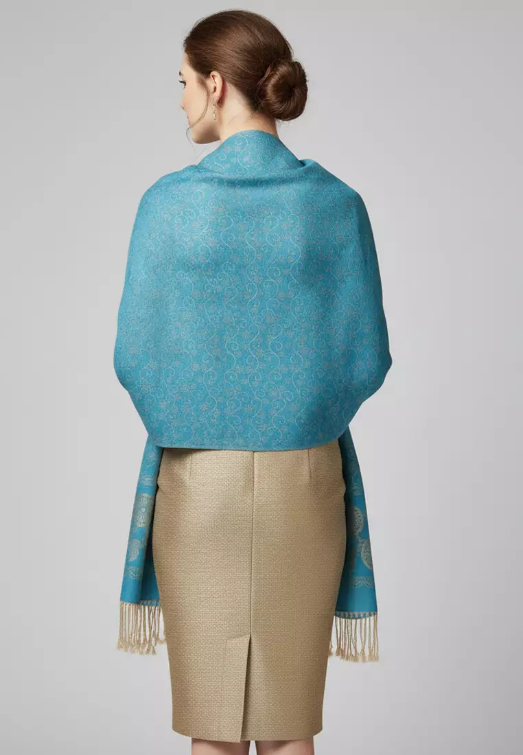 Aksesoris Wanita Reversible Viscose Circular Vine  Pattern Pashmina Shawl Syal Wanita Sky Blue