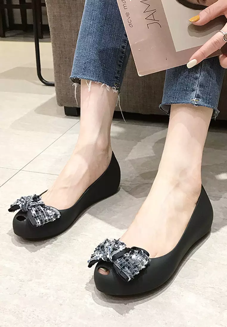 Black Bow Shoes Womens Black Jelly Shoes Women Flat Jelly Ballet