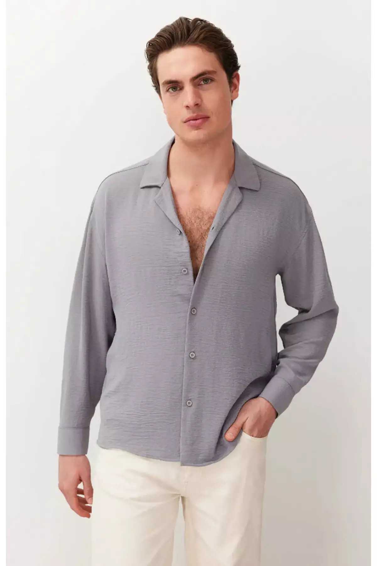 Light Gray Oversize Summer Linen Look Shirt - Apache Collar Tmnss23Go00053