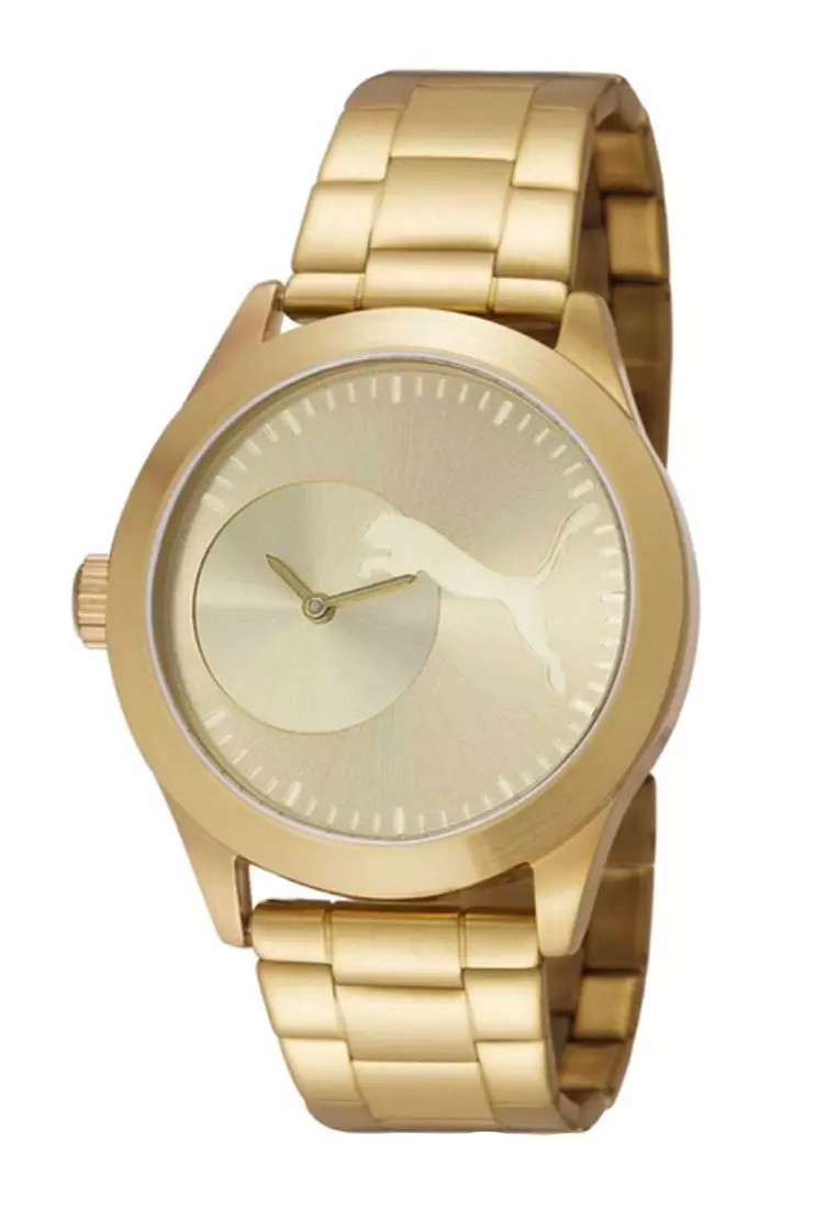 Value Deal - Puma Gold Colored Stainless Steel Quartz Watch + 5s PRO MINI Wireless Earphones - Black